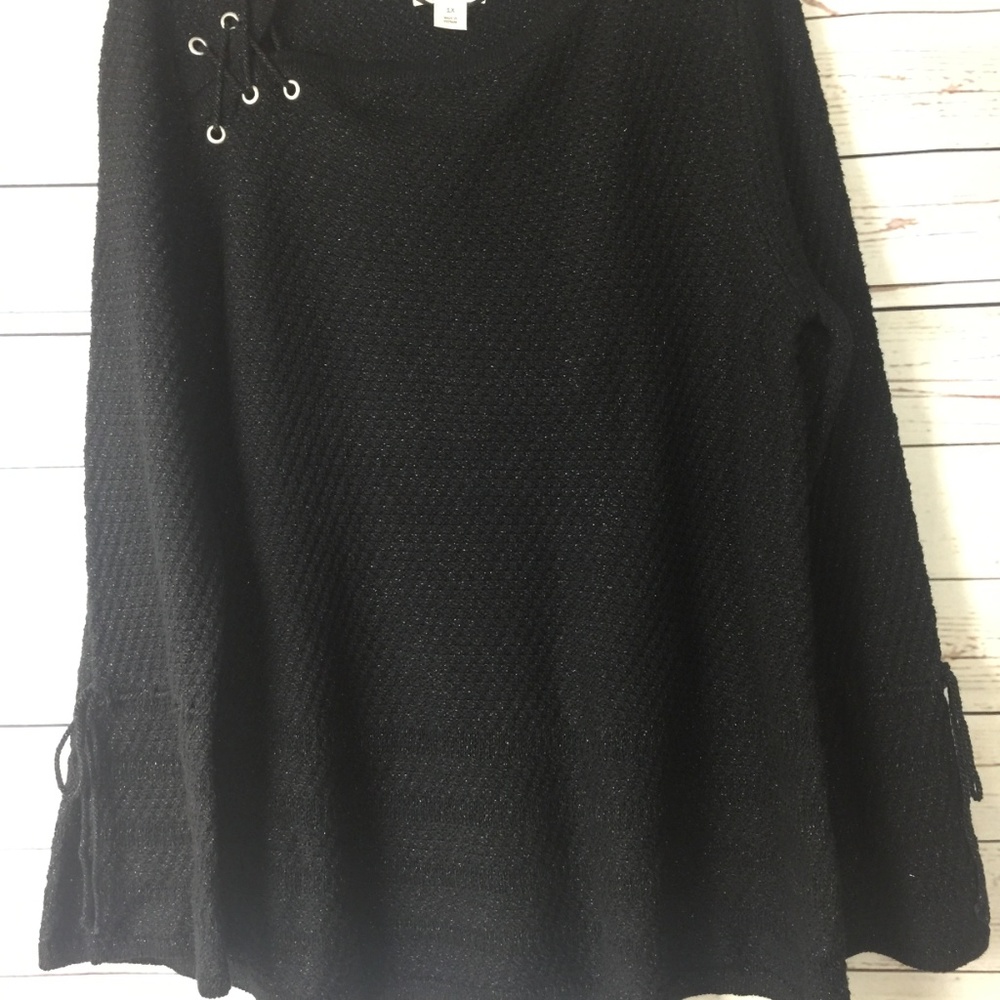 Style Co Lace-Up Lantern-Sleeve Deep Black Sweater